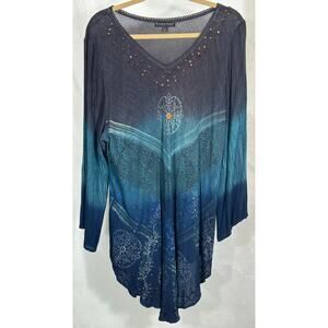 GreaterGood Blue Teal Embroidered Tunic Top 1X/2X Rayon India Boho Style